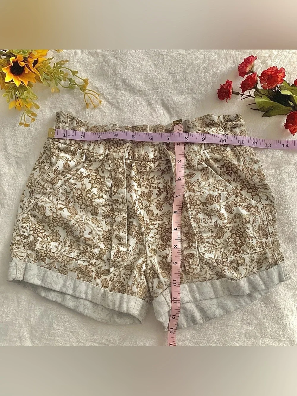 Old Navy Girls Floral Paperbag Shorts Size M 8 Cream Brown Cottagecore